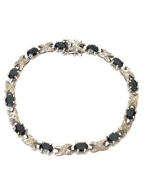 Blue Sapphire Diamond Sterling Silver 925 Link Tennis Bracelet Estate Find 7.25"